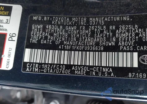 2015 Toyota Camry Le from USA, damaged, VIN 4T1BF1FK0FU936638